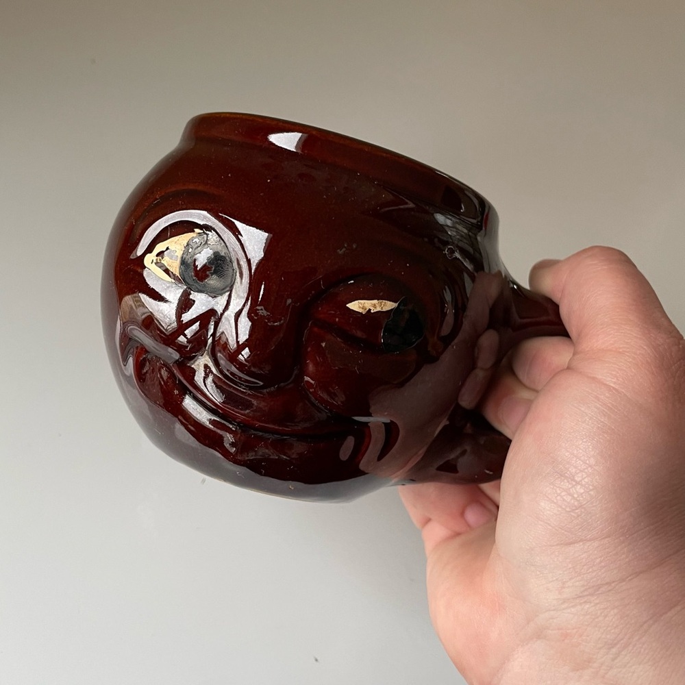 Vintage McCoy USA Pottery Man in the Moon Face Mug, Stoneware brown glazed.